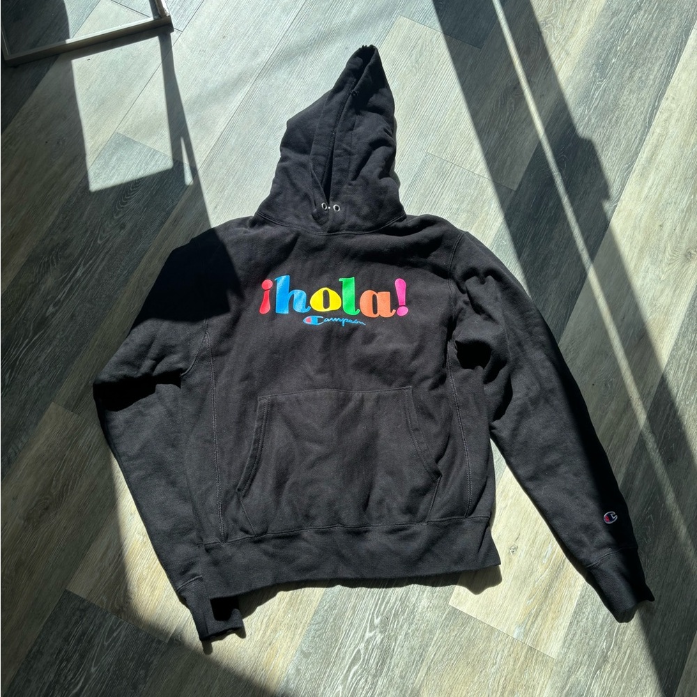 Champion Black Hoodie with Multicolor Hola Design